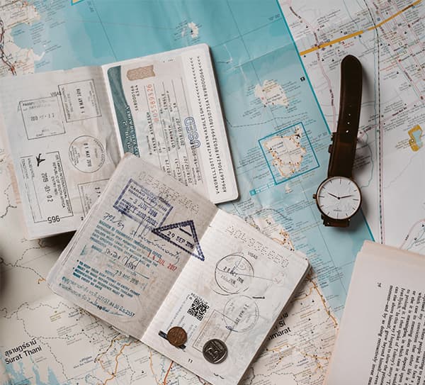 Travel documents prepared for a UK student visa application